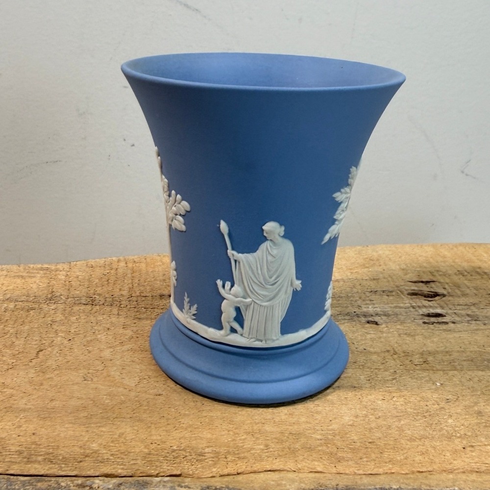 Wedgwood Blue Jasperware Trumpet Vase White Neoclassical Scenes Made in England